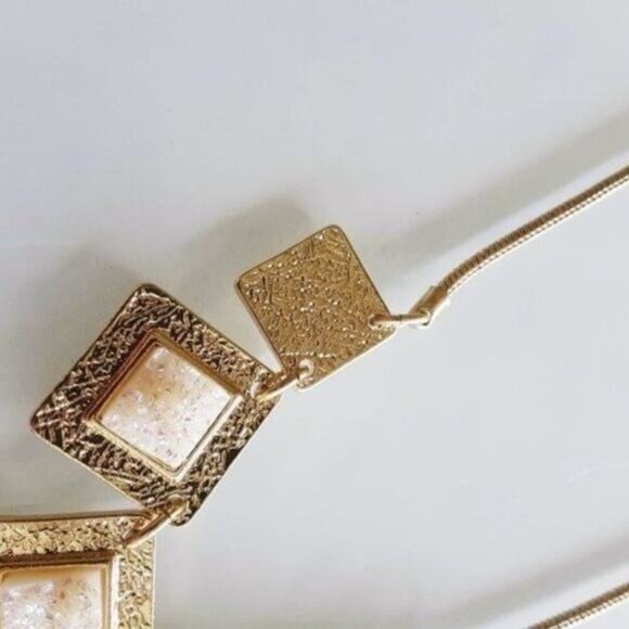 Hammered Gold Necklace Squares raw stone inset New with Tags - Picture 14 of 15
